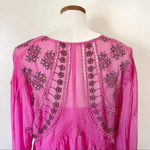 Free People Neon Moon Pink Embellished Babydoll Mini Dress NWT Boho SMALL - Picture 9 of 10